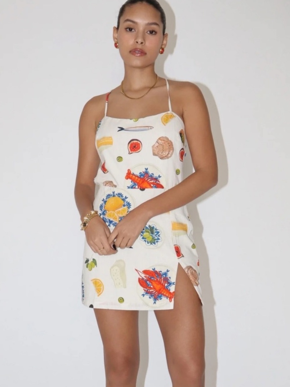 Lobster by the Sea Mini Dress White Bailey Rose XS Coastal Italian Print